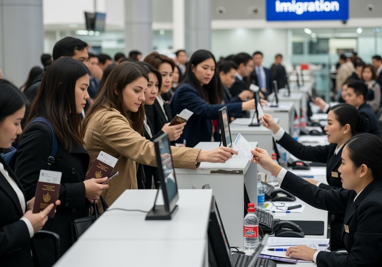 Foreign travelers at Thailand immigration checkpoint